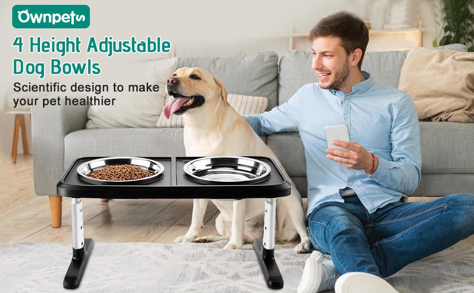 Raised Food and Water Bowls with Adjustable Stand, No Spill Stainless Steel Pet Bowls with 4 Heights for Dogs Black