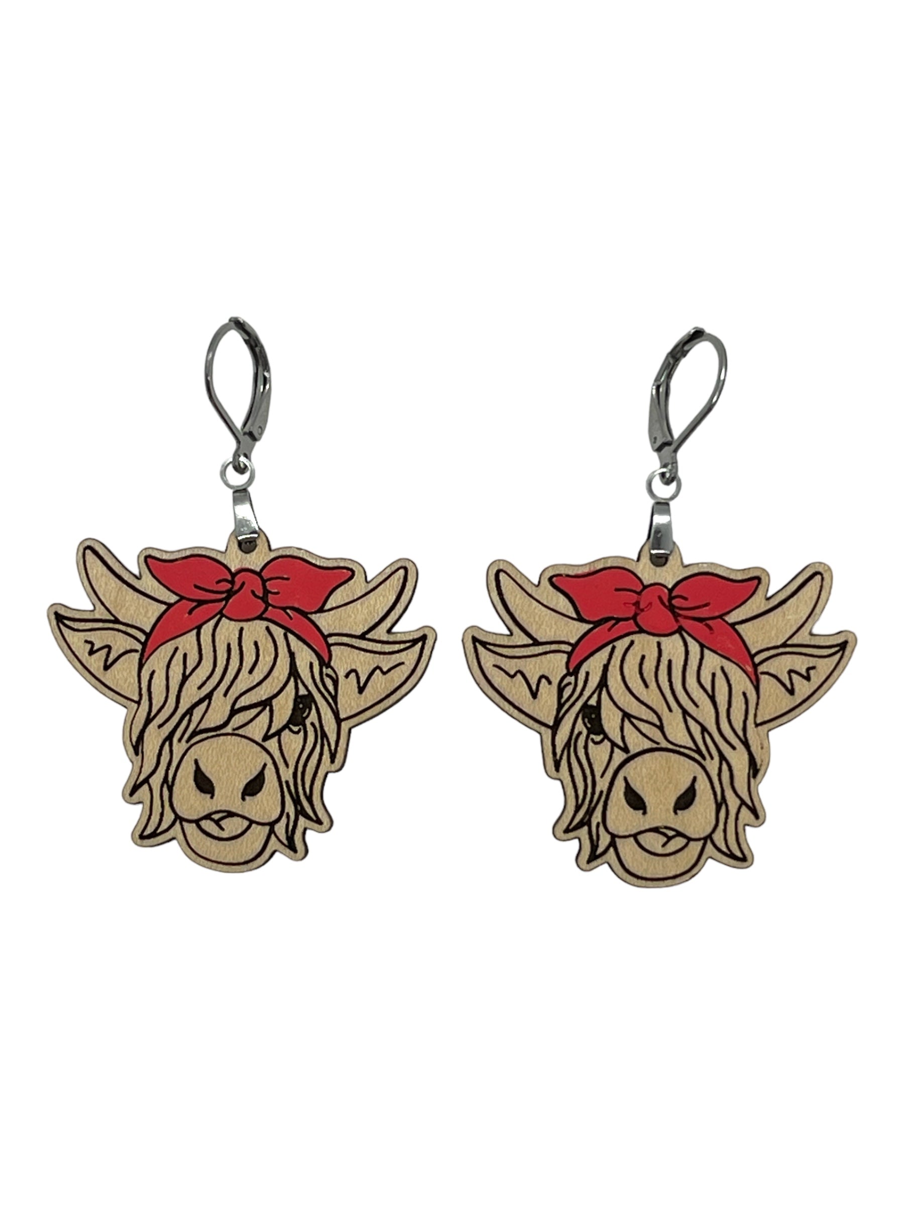 Highland Cow Earrings - Maple - Red Bow