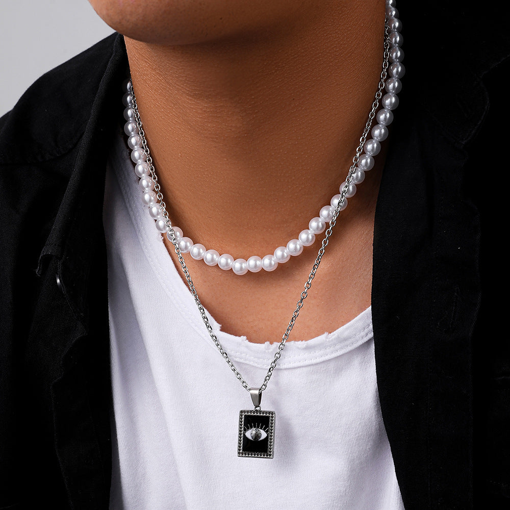 Stylish & Simple Personality All-match Stainless Steel Square Plate Eye Pearl Necklace