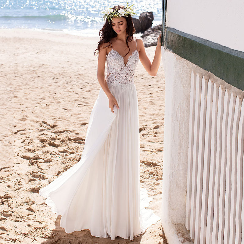 Sexy Lace & Chiffon Beach A-Line Wedding Dress