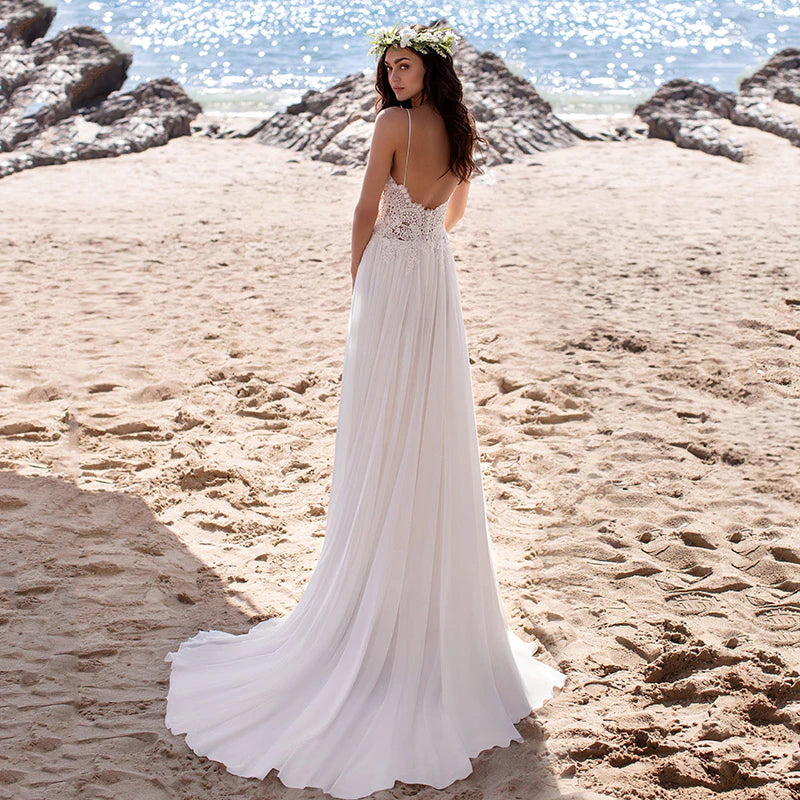 Sexy Lace & Chiffon Beach A-Line Wedding Dress