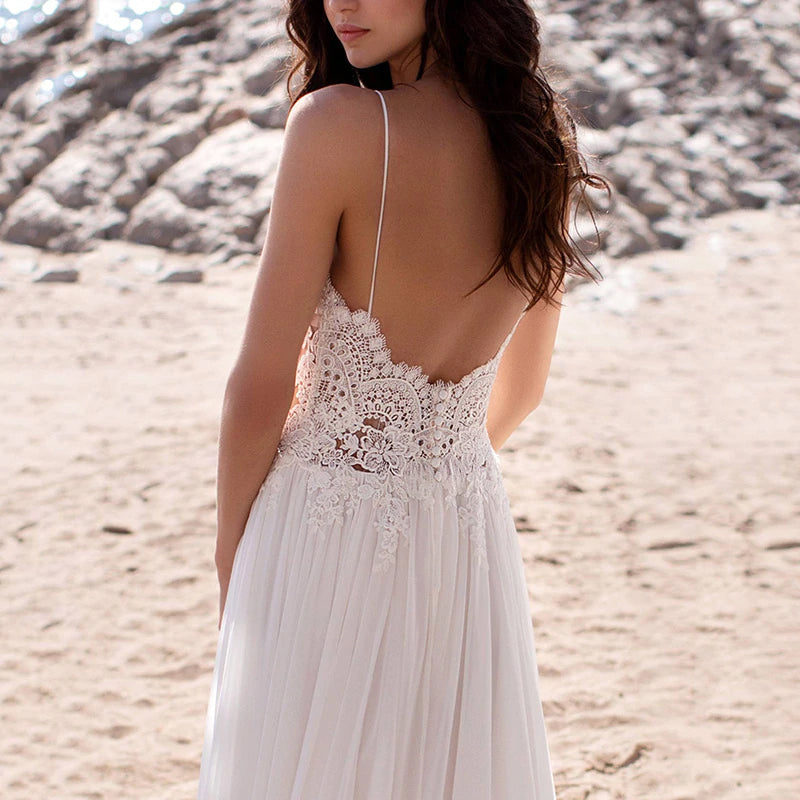 Sexy Lace & Chiffon Beach A-Line Wedding Dress