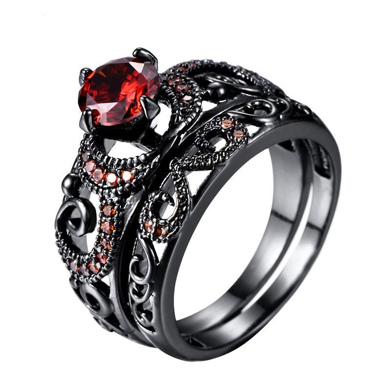 Sculpted Black Gold w/ Red Cubic Zircon Bridal Set