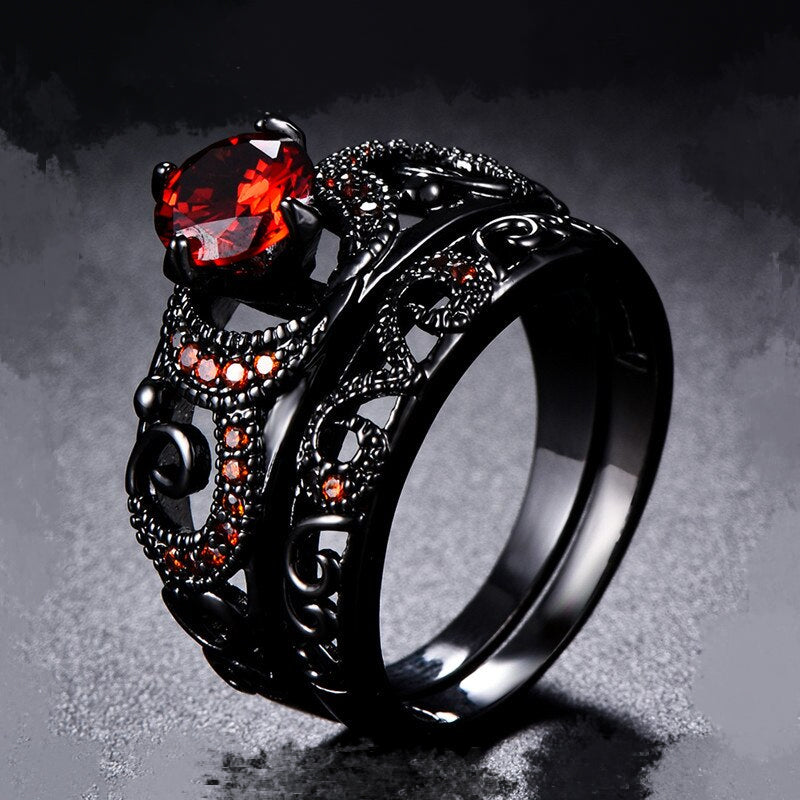 Sculpted Black Gold w/ Red Cubic Zircon Bridal Set