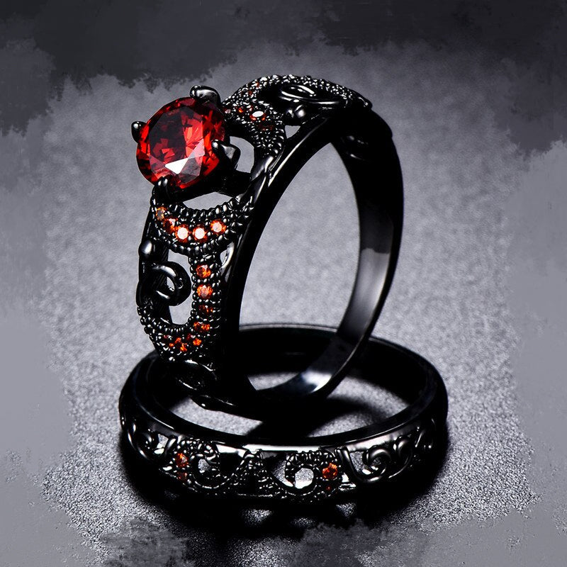 Sculpted Black Gold w/ Red Cubic Zircon Bridal Set