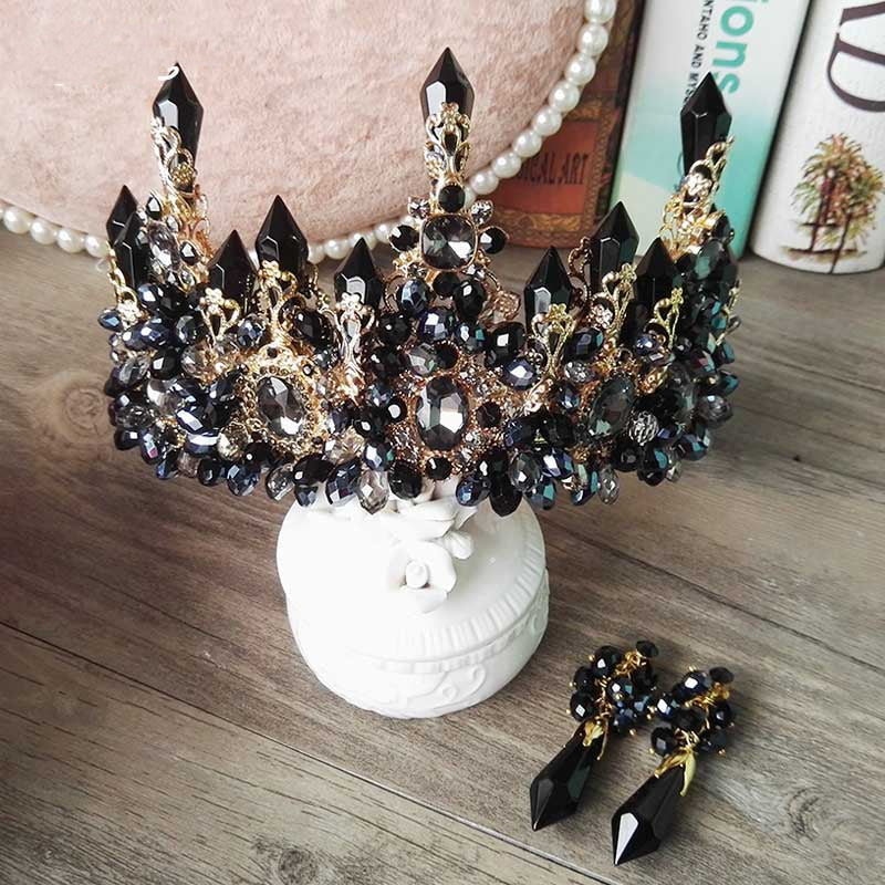 Black Crystal & Gold Bridal Tiara w/Matching Earrings