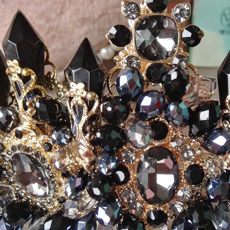 Black Crystal & Gold Bridal Tiara w/Matching Earrings