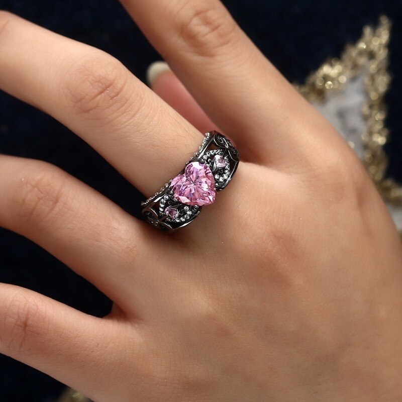 Antique Style Black Gold & Pink CZ Engagement Ring - BEST SELLER!