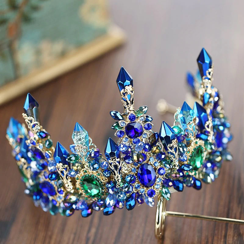 Blue Crystal & Gold Bridal Tiara w/Matching Earrings