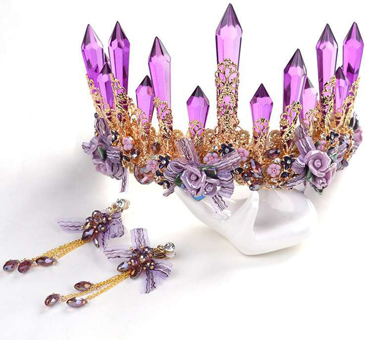Exquisite Purple Crystal & Ceramic Rose Bud Bridal Tiara :: Avail in 2 Colors
