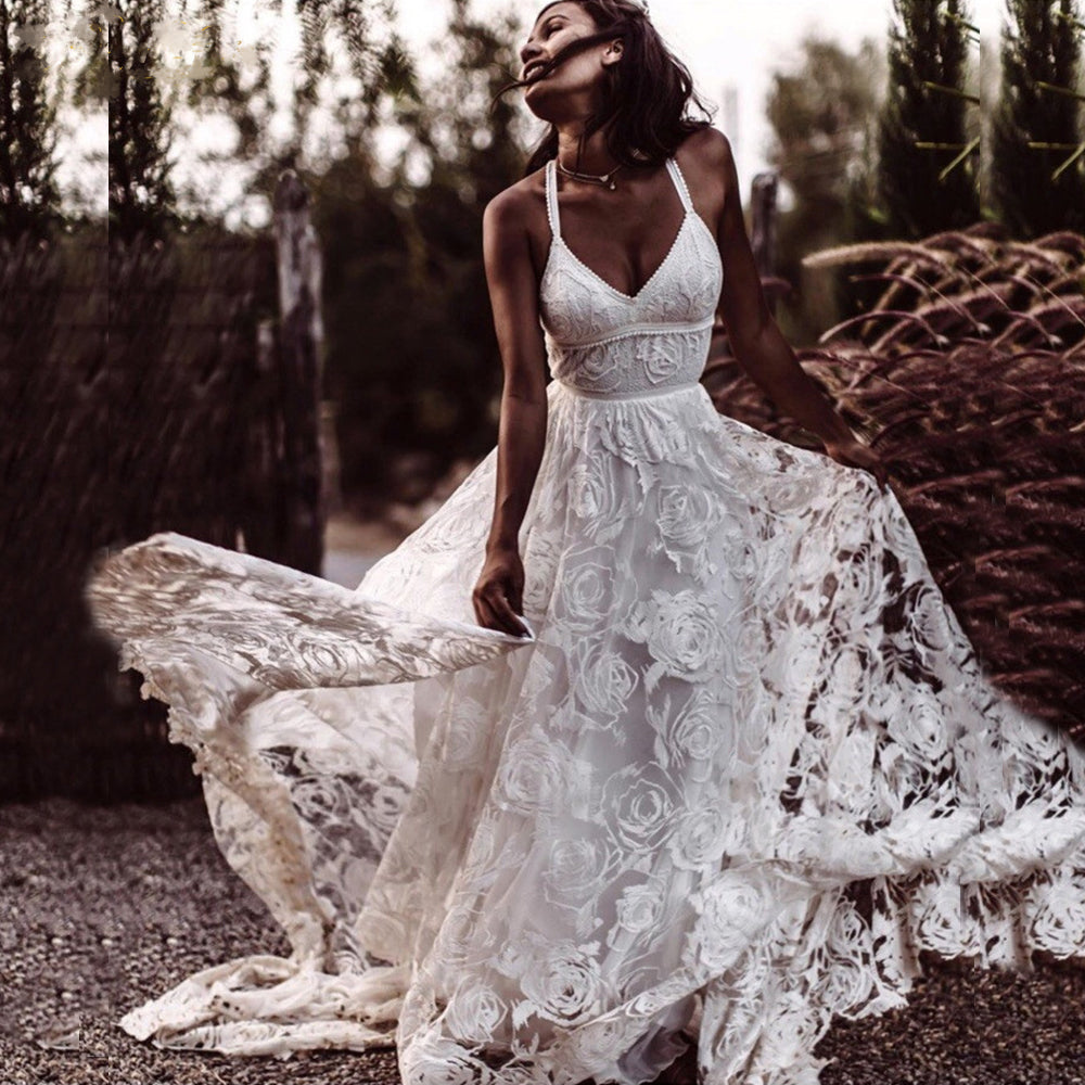 The Rosemarie Boho Style Rose Lace Beach Wedding Dress :: BEST SELLER