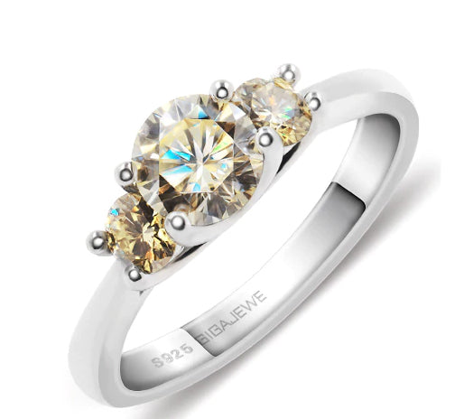 Moissanite Lab Grown 11ct 5.5mm + 2x3.5mm Round Cut Yellow Color White Gold Plated 925 Silver Engagement Ring