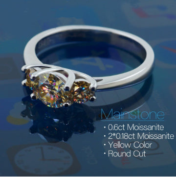 Moissanite Lab Grown 11ct 5.5mm + 2x3.5mm Round Cut Yellow Color White Gold Plated 925 Silver Engagement Ring