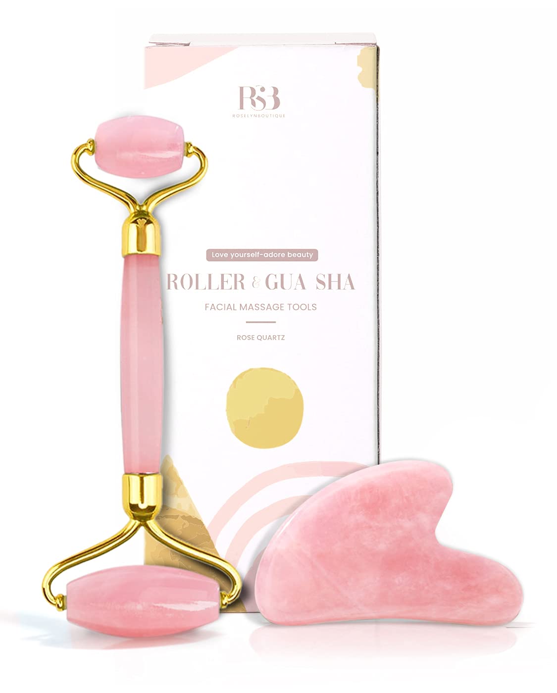 Rose Quartz Roller Gua Sha Facial Massage Tool Set