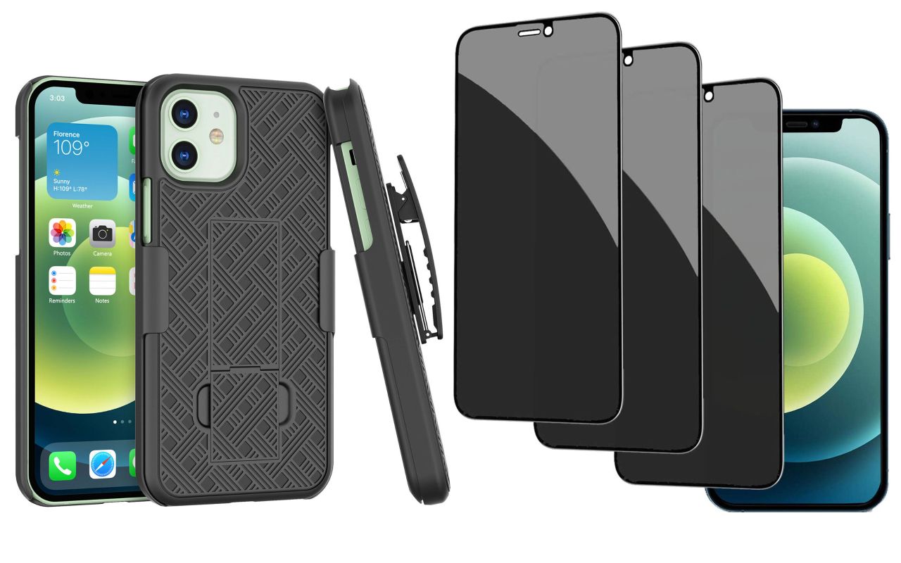 Belt Clip Case and 3 Pack Privacy Screen Protector , Kickstand Cover Tempered Glass Swivel Holster - ACC26+3G56