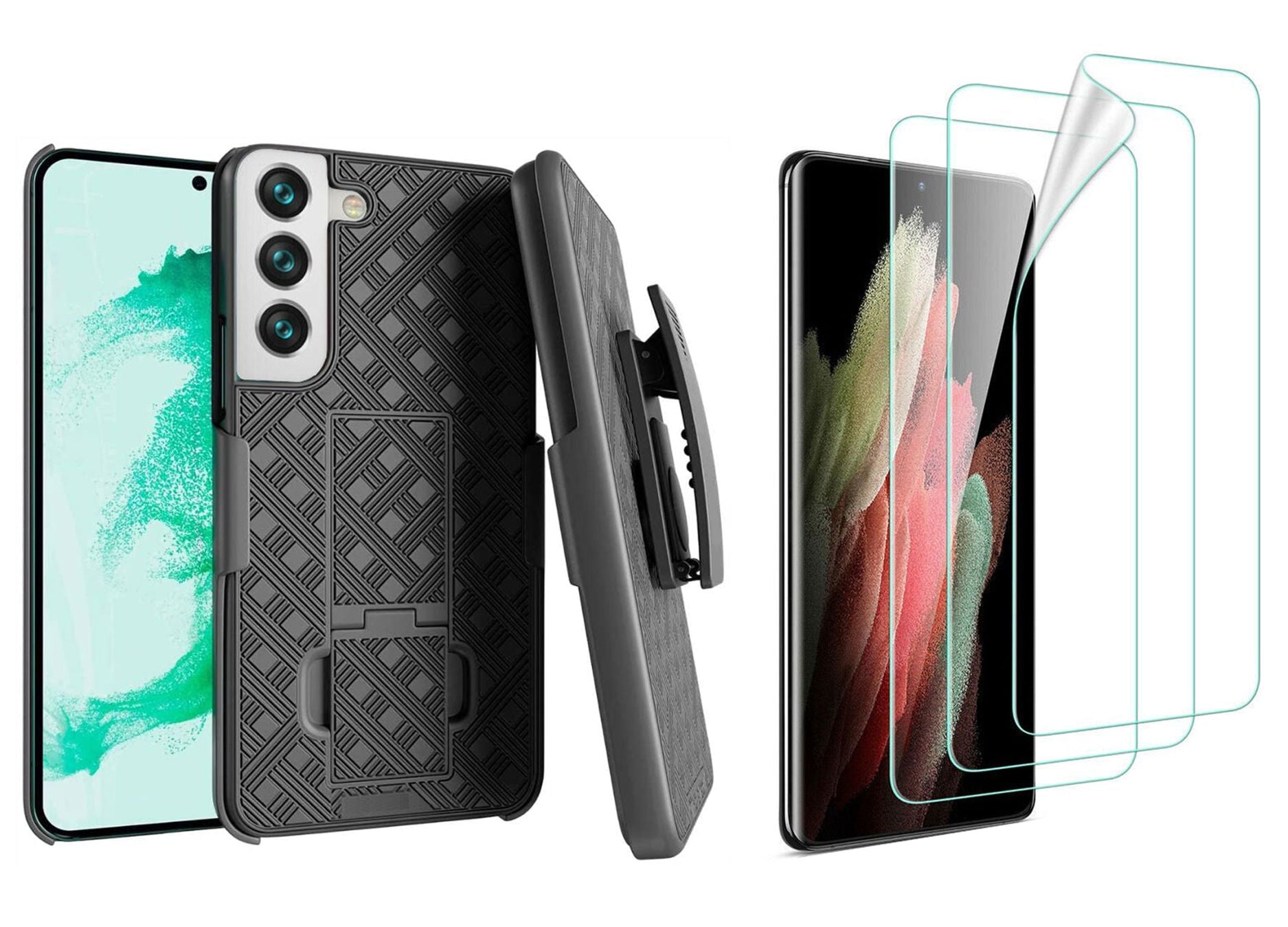 Belt Clip Case and 3 Pack Screen Protector, Kickstand Cover TPU Film Swivel Holster - ACZ56+3Z36