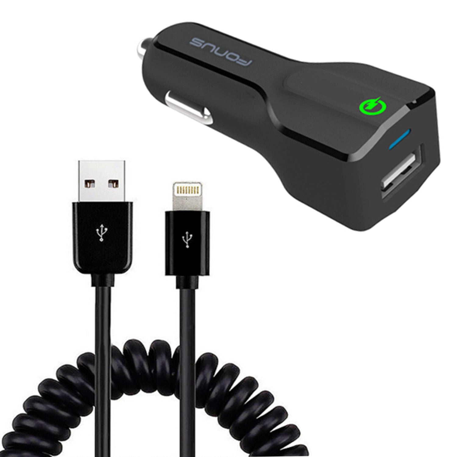 Car Charger, Coiled Cable 2-Port USB 24W Fast - ACK23