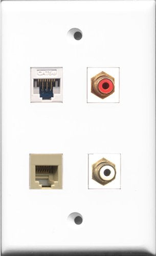 RiteAV 1 Port RCA Red and 1 Port RCA White and 1 Port Phone RJ11 RJ12 Beige and 1 Port Cat5e Ethernet White Wall Plate