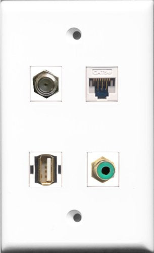 RiteAV 1 Port RCA Green and 1 Port Coax Cable TV- F-Type and 1 Port USB A-A and 1 Port Cat5e Ethernet White Wall Plate