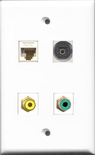 RiteAV 1 Port RCA Yellow and 1 Port RCA Green and 1 Port Toslink and 1 Port Cat6 Ethernet White Wall Plate