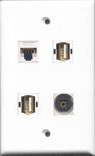 RiteAV - 2 Port USB A-A and 1 Port Toslink and 1 Port Cat5e Ethernet White Wall Plate