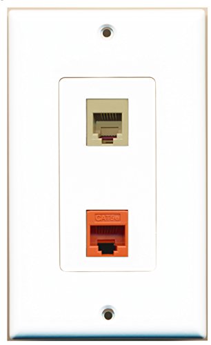 RiteAV - 1 Port Phone RJ11 RJ12 Beige - 1 Port Cat5e Ethernet Orange Wall Plate Decorative White - Bracket Included