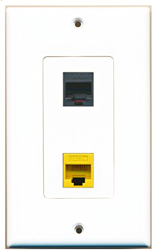 RiteAV - 1 Port Phone RJ11 RJ12 Black - 1 Port Cat5e Ethernet Yellow Wall Plate Decorative White - Bracket Included