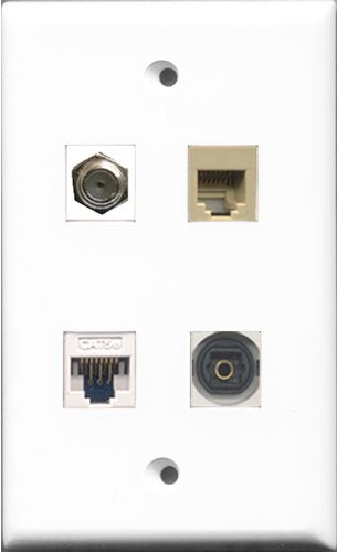 RiteAV 1 Port Coax Cable TV- F-Type and 1 Port Phone RJ11 RJ12 Beige and 1 Port Toslink and 1 Port Cat5e Ethernet White Wall Plate