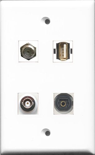 RiteAV 1 Port Coax Cable TV- F-Type and 1 Port USB A-A and 1 Port Toslink and 1 Port BNC Wall Plate