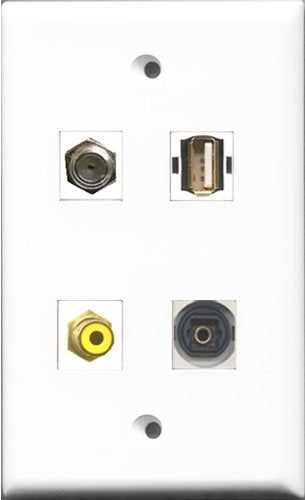 RiteAV 1 Port RCA Yellow and 1 Port Coax Cable TV- F-Type and 1 Port USB A-A and 1 Port Toslink Wall Plate