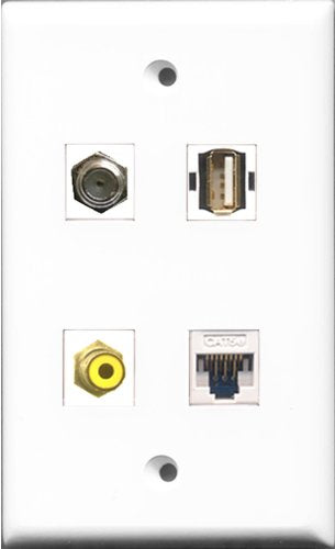 RiteAV 1 Port RCA Yellow and 1 Port Coax Cable TV- F-Type and 1 Port USB A-A and 1 Port Cat5e Ethernet White Wall Plate