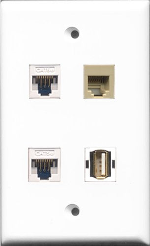 RiteAV 1 Port USB A-A and 1 Port Phone RJ11 RJ12 Beige 2 Port Cat5e Ethernet White Wall Plate