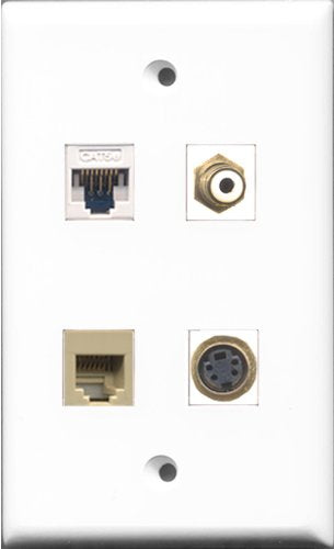 RiteAV 1 Port RCA White and 1 Port Phone RJ11 RJ12 Beige and 1 Port S-Video and 1 Port Cat5e Ethernet White Wall Plate