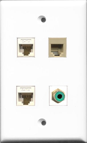 RiteAV 1 Port RCA Green and 1 Port Phone RJ11 RJ12 Beige 2 Port Cat6 Ethernet White Wall Plate