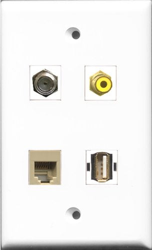 RiteAV 1 Port RCA Yellow and 1 Port Coax Cable TV- F-Type and 1 Port USB A-A and 1 Port Phone RJ11 RJ12 Beige Wall Plate