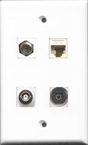 RiteAV 1 Port Coax Cable TV- F-Type and 1 Port Toslink and 1 Port BNC and 1 Port Cat6 Ethernet White Wall Plate