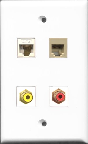 RiteAV 1 Port RCA Red and 1 Port RCA Yellow and 1 Port Phone RJ11 RJ12 Beige and 1 Port Cat6 Ethernet White Wall Plate