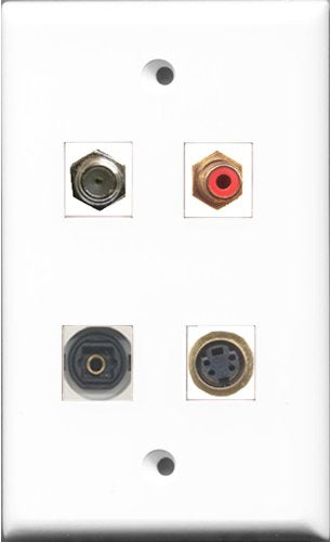 RiteAV 1 Port RCA Red and 1 Port Coax Cable TV- F-Type and 1 Port S-Video and 1 Port Toslink Wall Plate