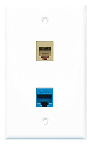 RiteAV - 1 Port Phone RJ11 RJ12 Beige - 1 Port Cat5e Ethernet Blue Wall Plate White - Bracket Included