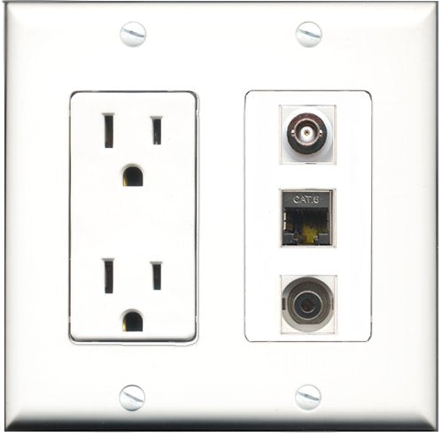 RiteAV - 15 Amp Power Outlet 1 Port Shielded Cat6 Ethernet Ethernet 1 Port 3.5mm 1 Port BNC Decorative Wall Plate