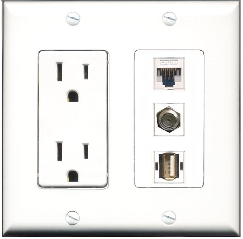 RiteAV - 15 Amp Power Outlet 1 Port Coax 1 Port USB A-A 1 Port Cat5e Ethernet White Decorative Wall Plate