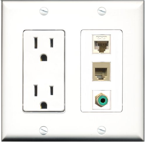 RiteAV - 15 Amp Power Outlet 1 Port RCA Green 1 Port Phone Beige 1 Port Cat6 Ethernet Ethernet White Decorative Wall Plate