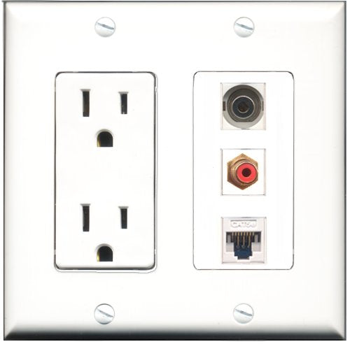 RiteAV - 15 Amp Power Outlet 1 Port RCA Red 1 Port 3.5mm 1 Port Cat5e Ethernet White Decorative Wall Plate