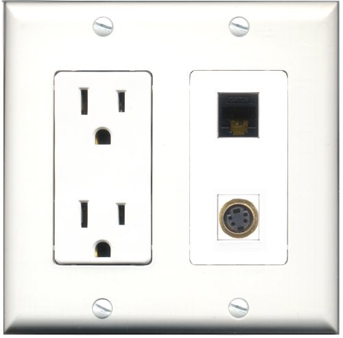 RiteAV - 15 Amp Power Outlet and 1 Port S-Video and 1 Port Cat6 Ethernet Black Decorative Type Wall Plate White