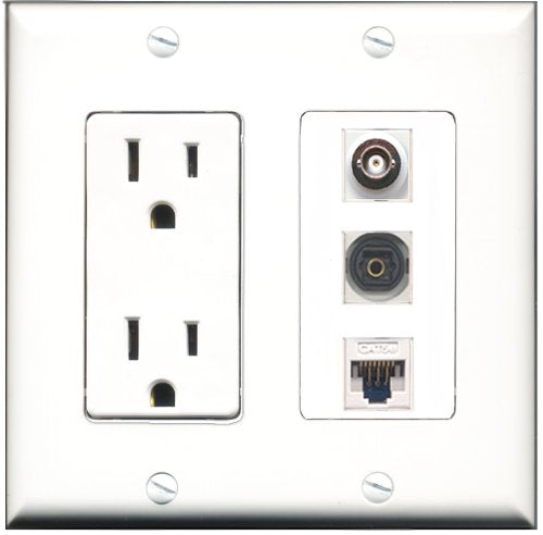 RiteAV - 15 Amp Power Outlet 1 Port Toslink 1 Port BNC 1 Port Cat5e Ethernet White Decorative Wall Plate