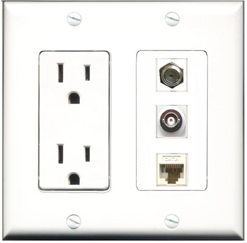 RiteAV - 15 Amp Power Outlet 1 Port Coax 1 Port BNC 1 Port Cat6 Ethernet Ethernet White Decorative Wall Plate