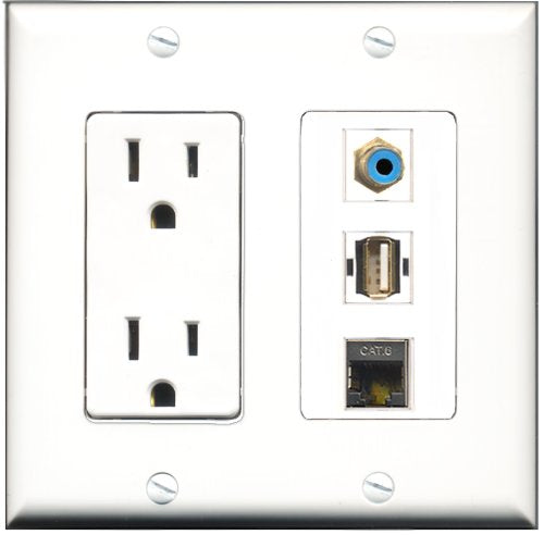 RiteAV - 15 Amp Power Outlet 1 Port RCA Blue 1 Port USB A-A 1 Port Shielded Cat6 Ethernet Ethernet Decorative Wall Plate