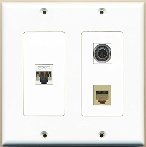 RiteAV - 1 Port Phone RJ11 RJ12 Beige 1 Port 3.5mm 1 Port Cat5e Ethernet White - 2 Gang Wall Plate