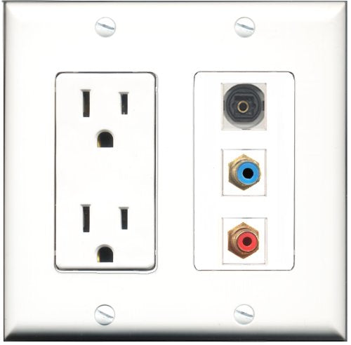 RiteAV - 15 Amp Power Outlet 1 Port RCA Red 1 Port RCA Blue 1 Port Toslink Decorative Wall Plate