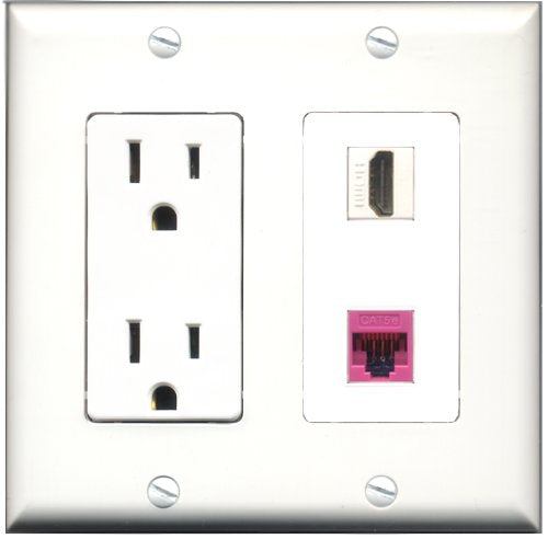 RiteAV - 15 Amp Power Outlet and 1 Port HDMI and 1 Port Cat5e Ethernet Pink Decorative Type Wall Plate White